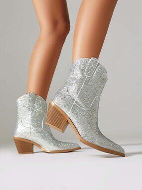 Women's Silver Rhinestone Western Cowboy Boot Ankle High Pointed Toe Block Heel